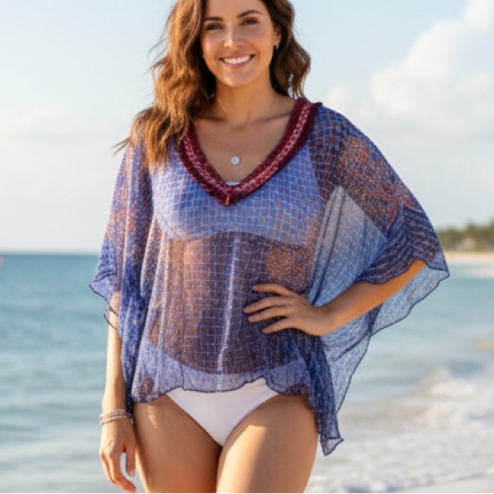 Poupette St Barth Blue Red Print Embroidered Tassel Cover Up Top - One Size